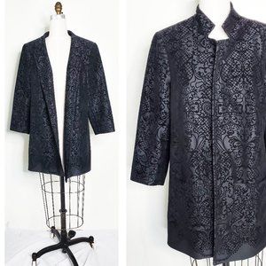 Roz & Ali Womens Black Open Front Flock Print Evening Jacquard Jacket Blazer 1X